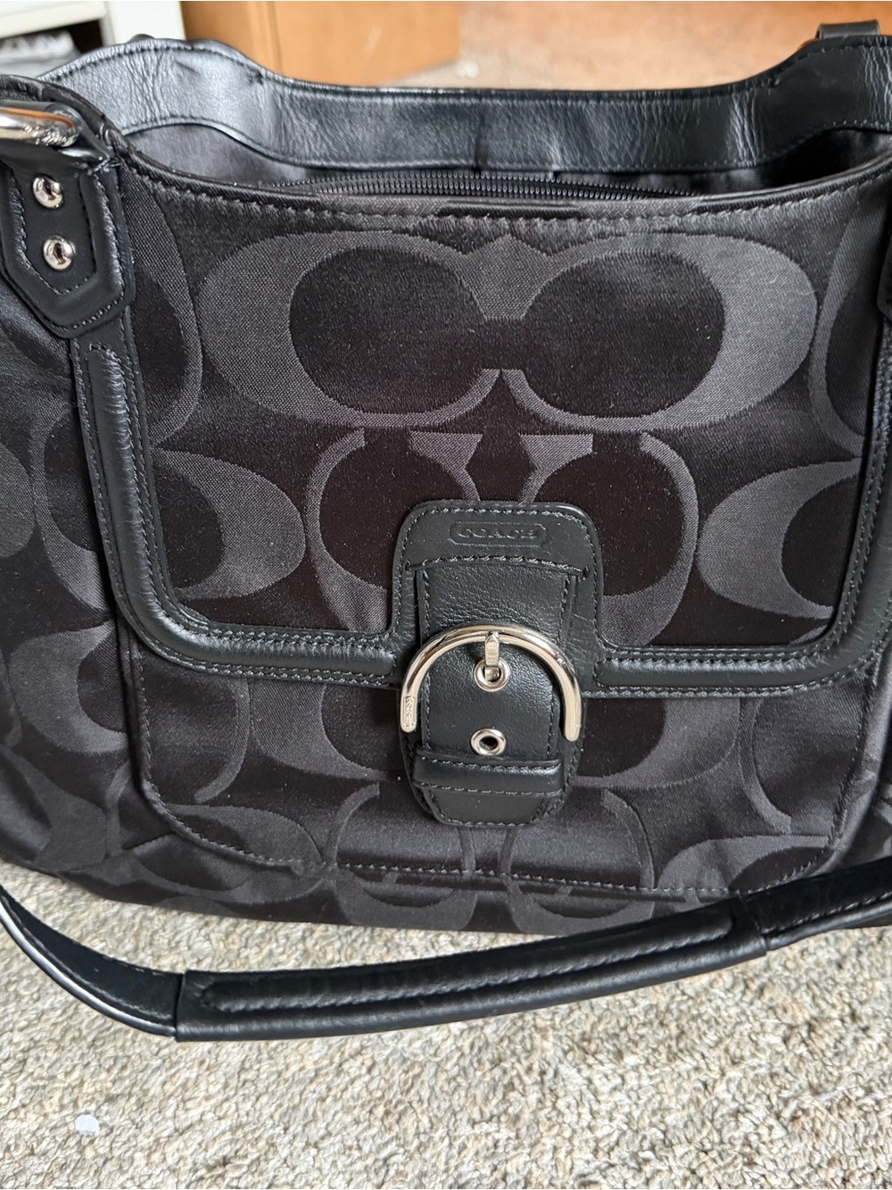 Coach Black Signature Jacquard Shoulder Bag with Silver Buckle
